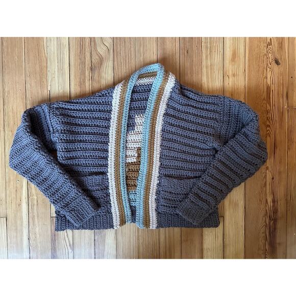 NWOT Handmade Chunky Crochet Knit Gray Green Blue Brown Long Sleeve Sweater OS - Picture 4 of 10